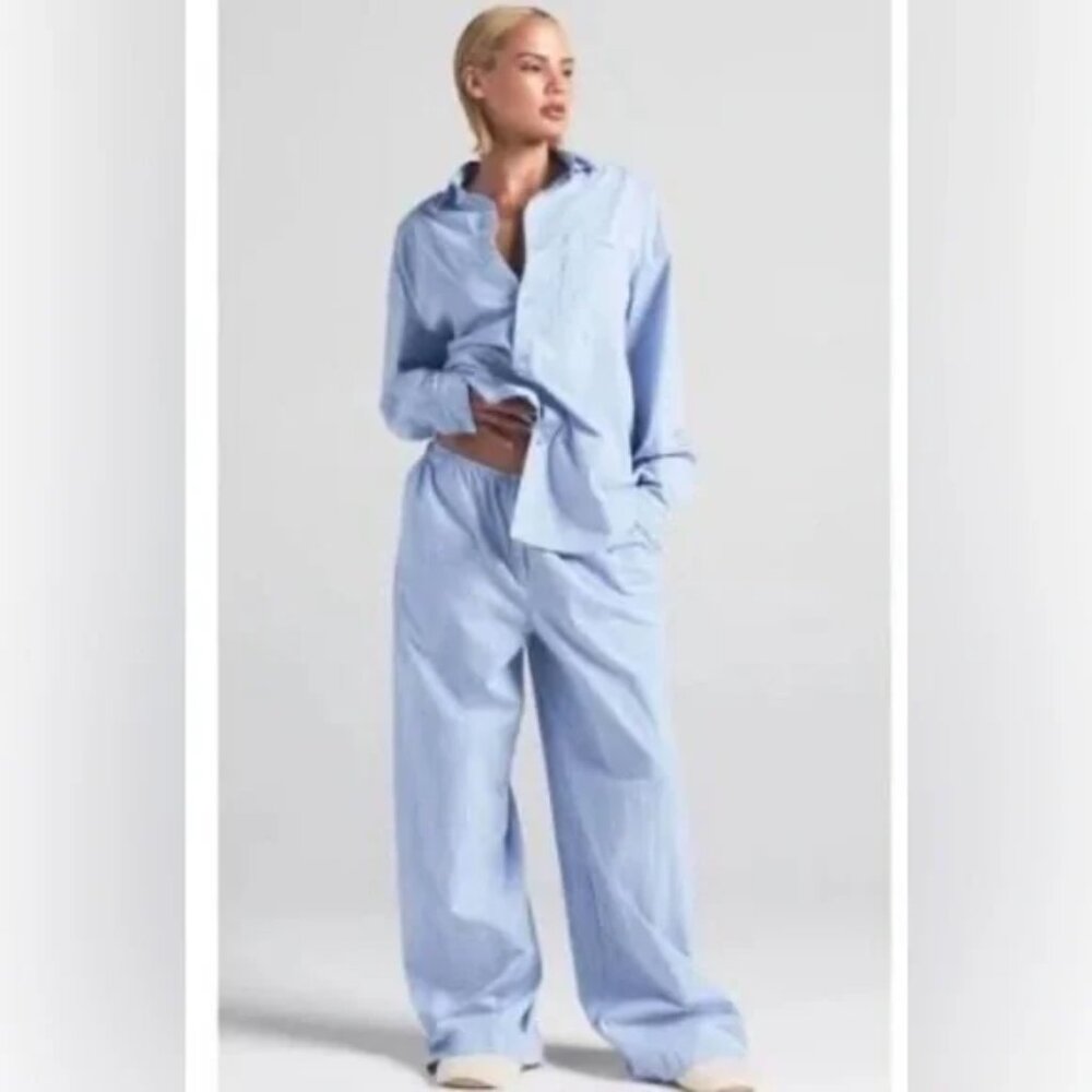 NWT SKIMS Cotton Poplin Sleep Oversized Pajama Set Size Large in Cadet Stripe